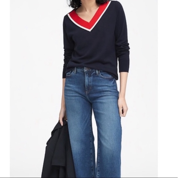 Banana Republic navy & red v neck lightweight cashmere silk blend sweater small - Picture 7 of 7